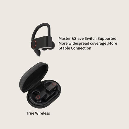 JHO Hanging Wireless Earbuds With Zippered Charging Case showing earbuds with ear hooks and open zippered charging case