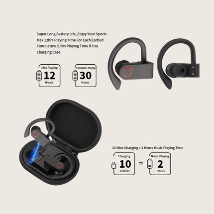 JHO Hanging Wireless Earbuds With Zippered Charging Case showing earbuds, zipper charging case, 12hr per ear, 30hr total, 10min fast charge