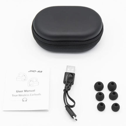 JHO Hanging Wireless Earbuds With Zippered Charging Case showing case, USB cable, ear tips and user manual