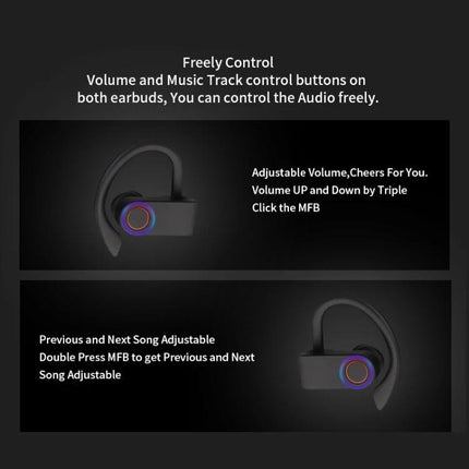 JHO Hanging Wireless Earbuds With Zippered Charging Case showing earhooks volume and track control buttons for workouts