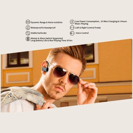 JHO Hanging Wireless Earbuds With Zippered Charging Case worn by stylish man showcasing waterproof, voice control, long battery life