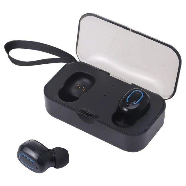 TI8S TWS Dazzling Wireless Stereo Bluetooth 5.0 Earphones with Charging Case in black with open charging case showing one earbud in case and one outside