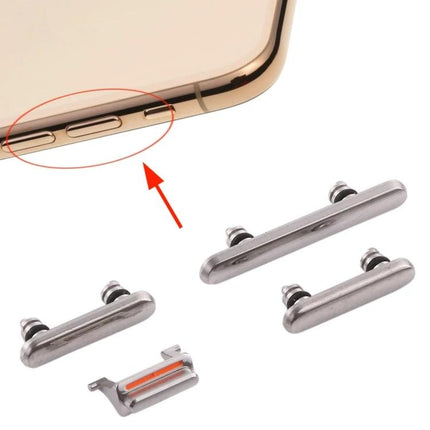 Replacement Side Keys for iPhone XS Daily Phone Use - silver volume power mute button replacements shown with iPhone XS side