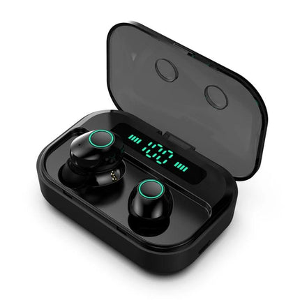 True Wireless Earbuds With Charging Case For Commuting black earbuds in case with LED battery display and Bluetooth 5.0