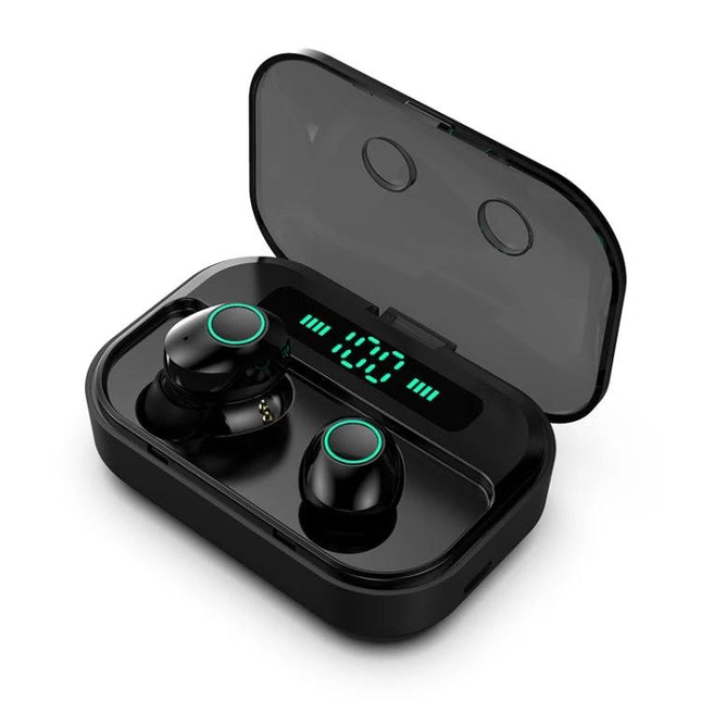 True Wireless Earbuds With Charging Case For Commuting black earbuds in case with LED battery display and Bluetooth 5.0