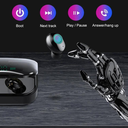 True Wireless Earbuds With Charging Case For Commuting showing earbuds, charging case, digital battery display and touch controls