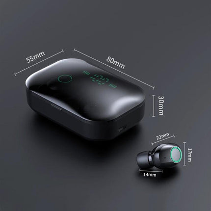 True Wireless Earbuds With Charging Case For Commuting compact black case with LED battery display and waterproof earbuds