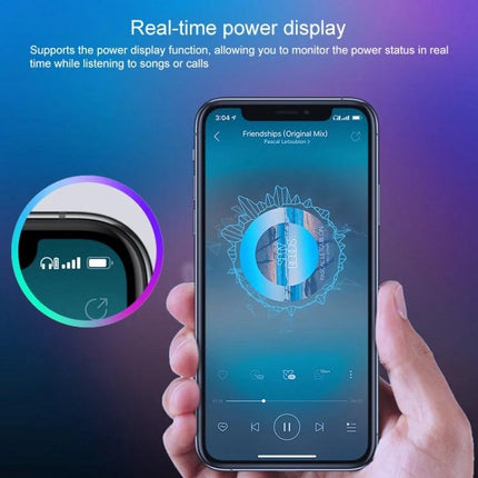 True Wireless Earbuds With Charging Case For Commuting showing phone music screen and real-time battery display on compact case
