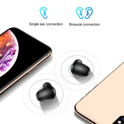 X7 True Wireless Earbuds With Charging Case For Commuting And Workouts showing black earbuds between two smartphones