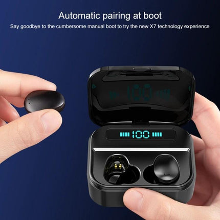 X7 True Wireless Earbuds With Charging Case For Commuting And Workouts showing charging case digital battery display and earbuds