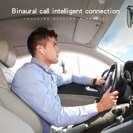 Wireless Earbuds For Commuting And Workouts With Magnetic Case worn by commuter driving hands-free calls and music on Bluetooth 5.0