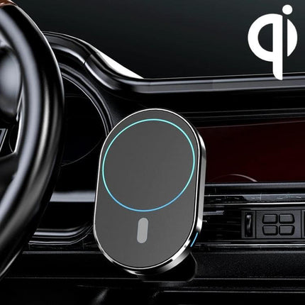 Magnetic Wireless Car Charger with Air Vent Mount for Phones attached to vehicle vent showing magnetic mount and wireless Qi charging indicator