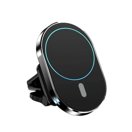 Magnetic Wireless Car Charger with Air Vent Mount for Phones mounted on vent, fast magnetic wireless charging for navigation and commuting
