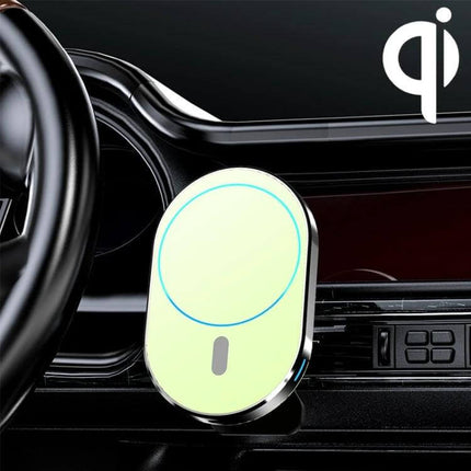 Magnetic Wireless Car Charger with Air Vent Mount for Phones attached to car vent holding a smartphone and charging wirelessly