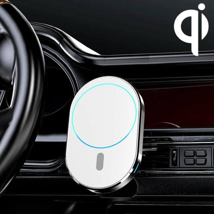 Magnetic Wireless Car Charger with Air Vent Mount for Phones shown mounted on car vent charging a smartphone wirelessly