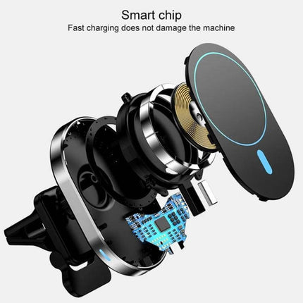 Magnetic Wireless Car Charger with Air Vent Mount for Phones showing exploded view of magnetic pad, coil, smart chip and vent mount