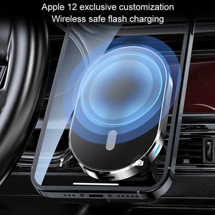 Magnetic Wireless Car Charger with Air Vent Mount for Phones shown attached to car vent charging a phone for navigation and fast wireless charging
