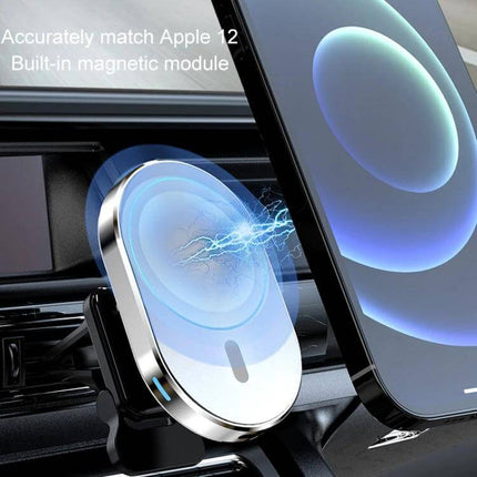 Magnetic Wireless Car Charger with Air Vent Mount for Phones showing phone mounted and wireless charging sparks