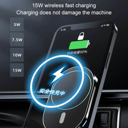 Magnetic Wireless Car Charger with Air Vent Mount for Phones shown charging a smartphone 15W fast wireless charging on car vent
