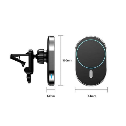 Magnetic Wireless Car Charger with Air Vent Mount for Phones showing side and front dimensions 100mm x 64mm x 14mm, black magnetic wireless mount