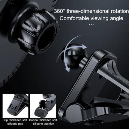 Magnetic Wireless Car Charger with Air Vent Mount for Phones showing 360° rotation ball joint and silicone clip cushion