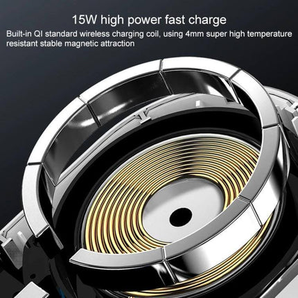Magnetic Wireless Car Charger with Air Vent Mount for Phones showing close-up of 15W fast charge magnetic coil and vent mount