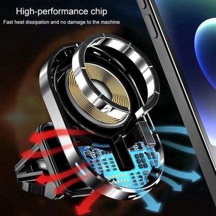Magnetic Wireless Car Charger with Air Vent Mount for Phones showing internal coil, high-performance chip and airflow cooling for fast, secure charging