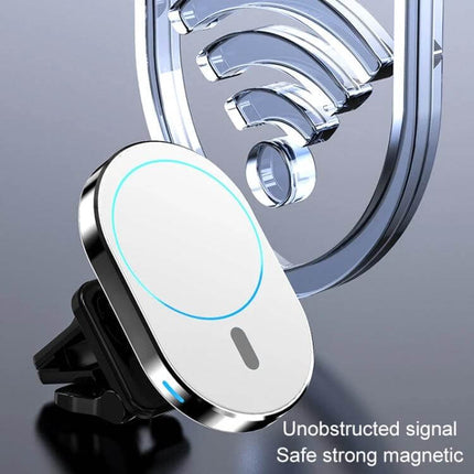 Magnetic Wireless Car Charger with Air Vent Mount for Phones showing sleek white magnetic pad attached to car vent with unobstructed signal