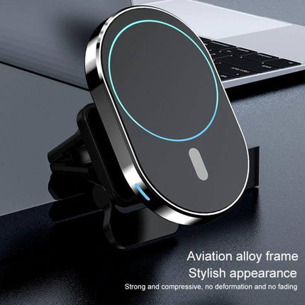 Magnetic Wireless Car Charger with Air Vent Mount for Phones mounted in car vent with LED ring and sleek alloy frame