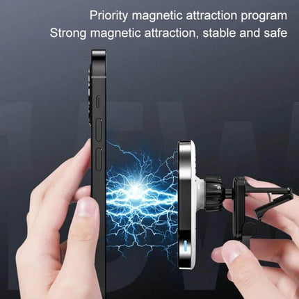 Magnetic Wireless Car Charger with Air Vent Mount for Phones showing phone attaching magnetically to vent mount with charging effect