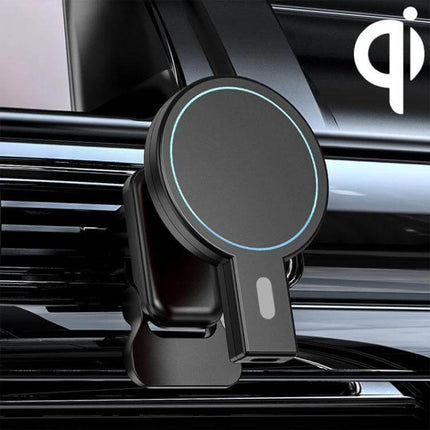 Magnetic Car Air Vent Wireless Charger With Adjustable Ball Joint mounted on car air vent showing slim aluminum frame and 360-degree adjustable viewing