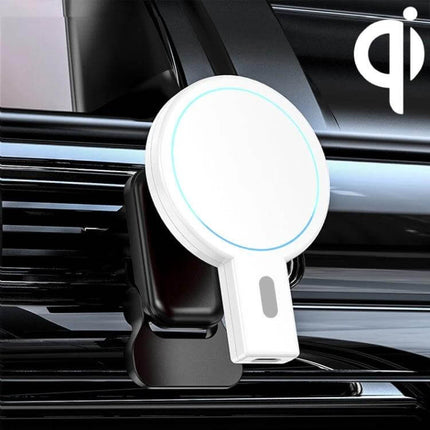 Magnetic Car Air Vent Wireless Charger With Adjustable Ball Joint mounted on car vent showing white magnetic wireless puck and 360-degree adjustable ball joint