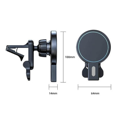 Magnetic Car Air Vent Wireless Charger With Adjustable Ball Joint mounted on vent showing 100mm height 64mm width and 14mm depth