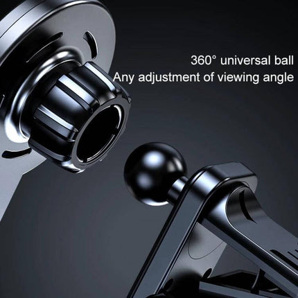 Magnetic Car Air Vent Wireless Charger With Adjustable Ball Joint showing 360° adjustable ball joint and vent clamp for hands-free charging
