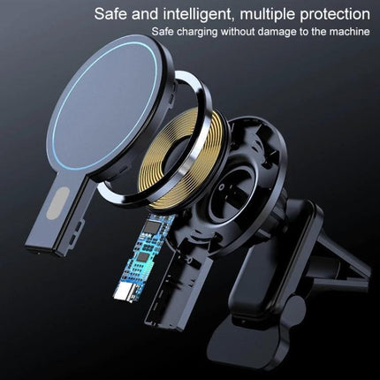Magnetic Car Air Vent Wireless Charger With Adjustable Ball Joint showing exploded view of coil, circuit board, and vent clamp for hands-free charging