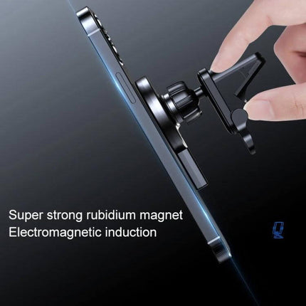 Magnetic Car Air Vent Wireless Charger With Adjustable Ball Joint mounted on vent showing magnetically attached phone and 360° adjustable ball joint