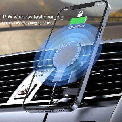 Magnetic Car Air Vent Wireless Charger With Adjustable Ball Joint mounted on car vent showing phone charging 15W fast charging, 360-degree adjustable view