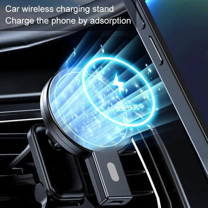 Magnetic Car Air Vent Wireless Charger With Adjustable Ball Joint showing phone attached to vent mount and glowing wireless charging effect