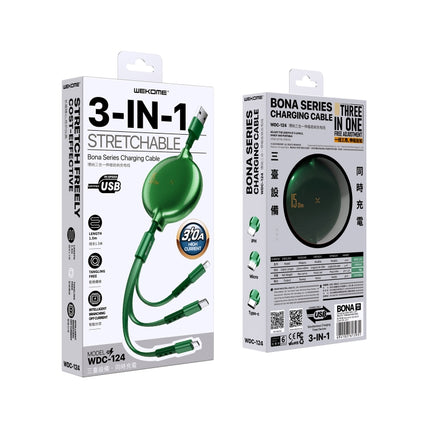 Bona Series Cable for Everyday Device Charging On the Go - green 3-in-1 stretchable charging cable packaging showing connectors and specs