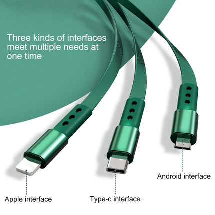 Bona Series Cable for Everyday Device Charging On the Go - green 3-in-1 flat cable with Apple, Type-C and Android interfaces for commuting and travel