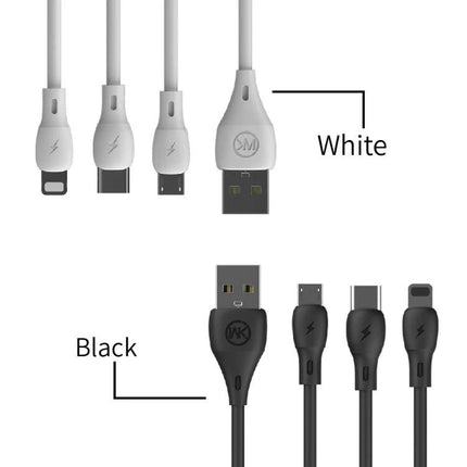 WK USB Cable for Everyday Device Charging and Syncing - white and black PVC charging and data sync cable with USB-A to micro USB, USB-C, and Lightning connectors