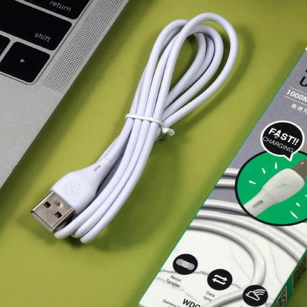 WK USB Cable for Everyday Device Charging and Syncing - white PVC charging and data sync cable coiled next to laptop and packaging
