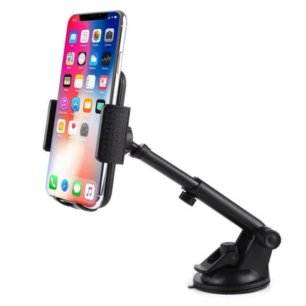 Car Windshield Phone Holder With Rotatable Arm For Hands Free Viewing mounted on suction cup showing adjustable arm and secure side grip for navigation