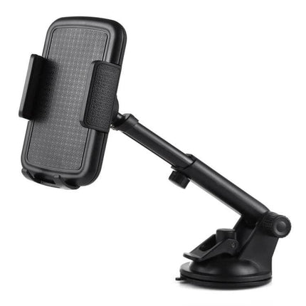 Alt Tag: Car Windshield Phone Holder With Rotatable Arm For Hands Free Viewing - black suction-mount with extendable arm and adjustable phone clip