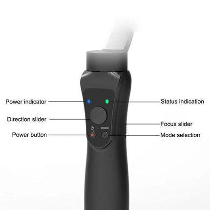 S5 Handheld Gimbal for Steady Mobile Videos on Trips - close-up of handle with power, mode, focus sliders and status indicators