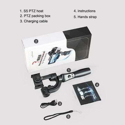 S5 Handheld Gimbal for Steady Mobile Videos on Trips unboxed kit with gimbal, packing box, charging cable, instructions and hand strap