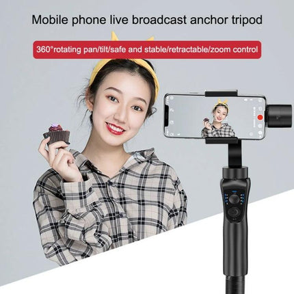 S5 Handheld Gimbal for Steady Mobile Videos on Trips shooting a smiling vlogger with phone mounted, Bluetooth control and app-enabled stabilization