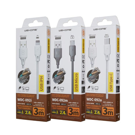 Essential USB Cable for Daily Device Charging at Home — 3m USB cables (Lightning, Micro USB, USB-C) in retail packaging for reliable home charging