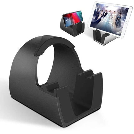 Adjustable Universal Metal Desktop Bracket for Phones and Tablets holding phone and tablet at adjustable angles on desk