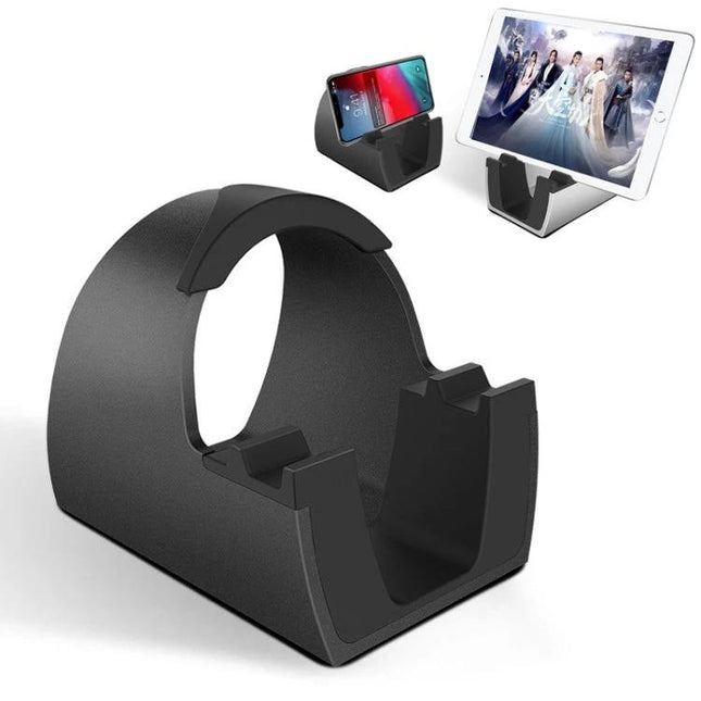 Adjustable Universal Metal Desktop Bracket for Phones and Tablets holding phone and tablet at adjustable angles on desk